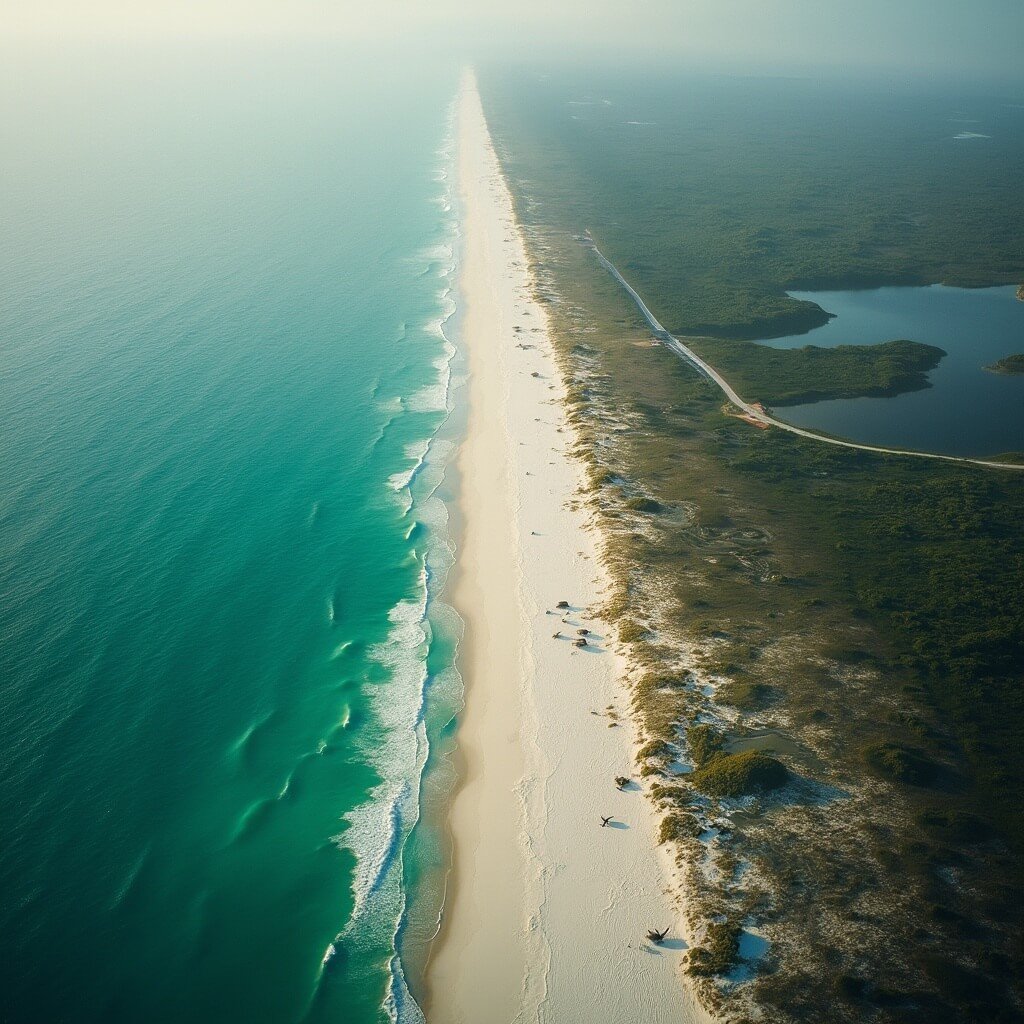 Aerial view of Florida's Treasure Coast shoreline at sunrise, highlighting sandy beaches, sea turtle nesting sites, and diverse coastal ecosystems