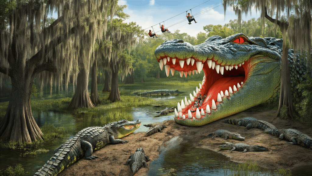 Gator Land: The Ultimate Wildlife Adventure You Never Knew You Needed "Aerial view of Gatorland's giant alligator mouth entrance, visitors on Screamin' Gator Zip Line over breeding marshes, and alligators on muddy banks in lush Florida wetlands."
