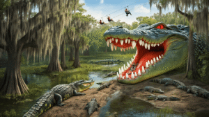 Gator Land: The Ultimate Wildlife Adventure You Never Knew You Needed "Aerial view of Gatorland's giant alligator mouth entrance, visitors on Screamin' Gator Zip Line over breeding marshes, and alligators on muddy banks in lush Florida wetlands."