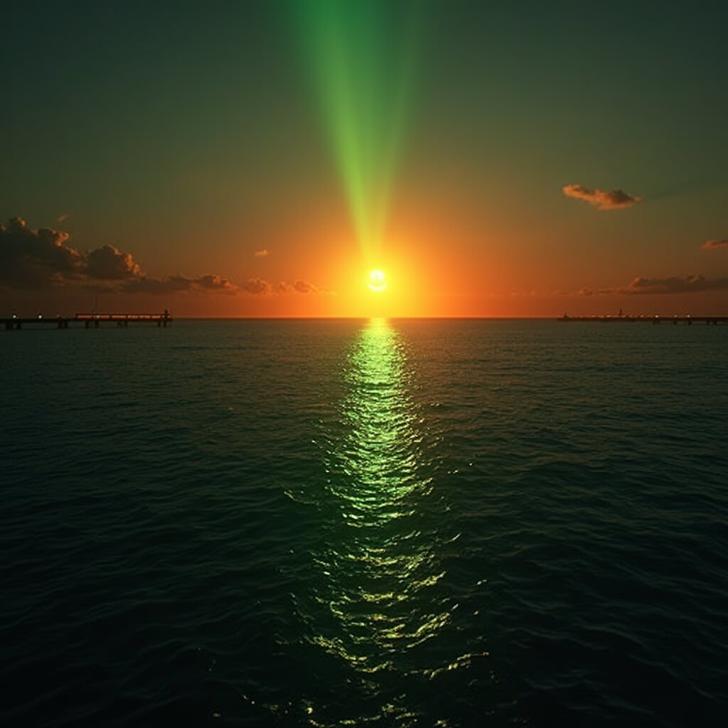 Hyper-realistic image of the rare 'green flash' optical phenomenon boasting a sliver of emerald green separating a deep orange sunset and dark ocean horizon, captured using long-lens telephoto technique with a glimpse of minimalistic pier infrastructure.