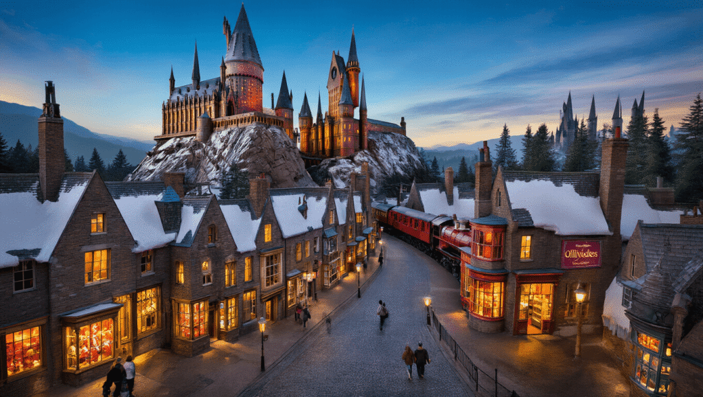 "Aerial view of Hogwarts Castle and Hogsmeade village with visitors, signboards, Hogwarts Express and projection mapping effects at Universal Studios theme park"