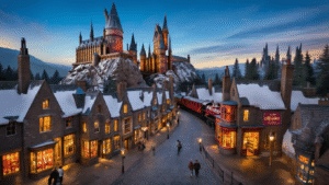 "Aerial view of Hogwarts Castle and Hogsmeade village with visitors, signboards, Hogwarts Express and projection mapping effects at Universal Studios theme park"