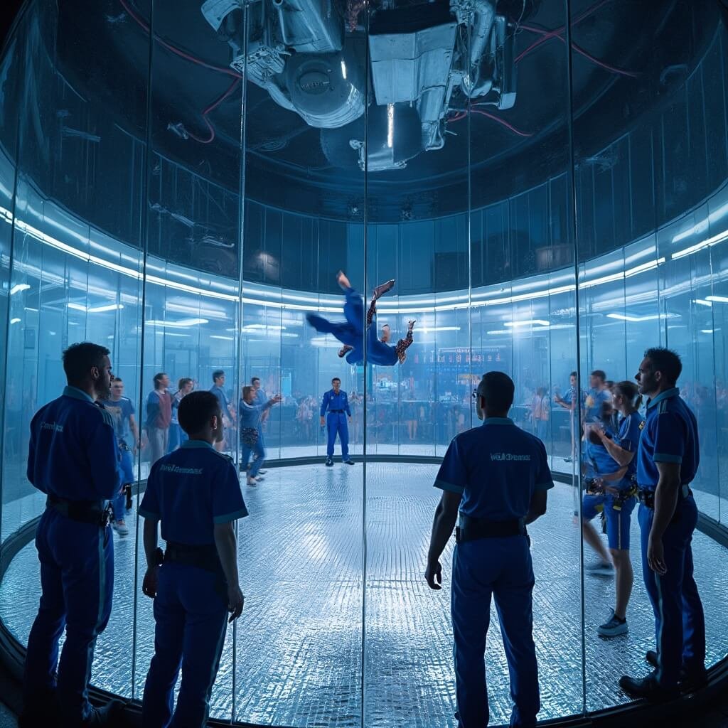 Interior view of iFLY Orlando's wind tunnel, with instructors guiding a diverse group of participants, highlighting architectural details and safety protocols in an immersive documentary style.
