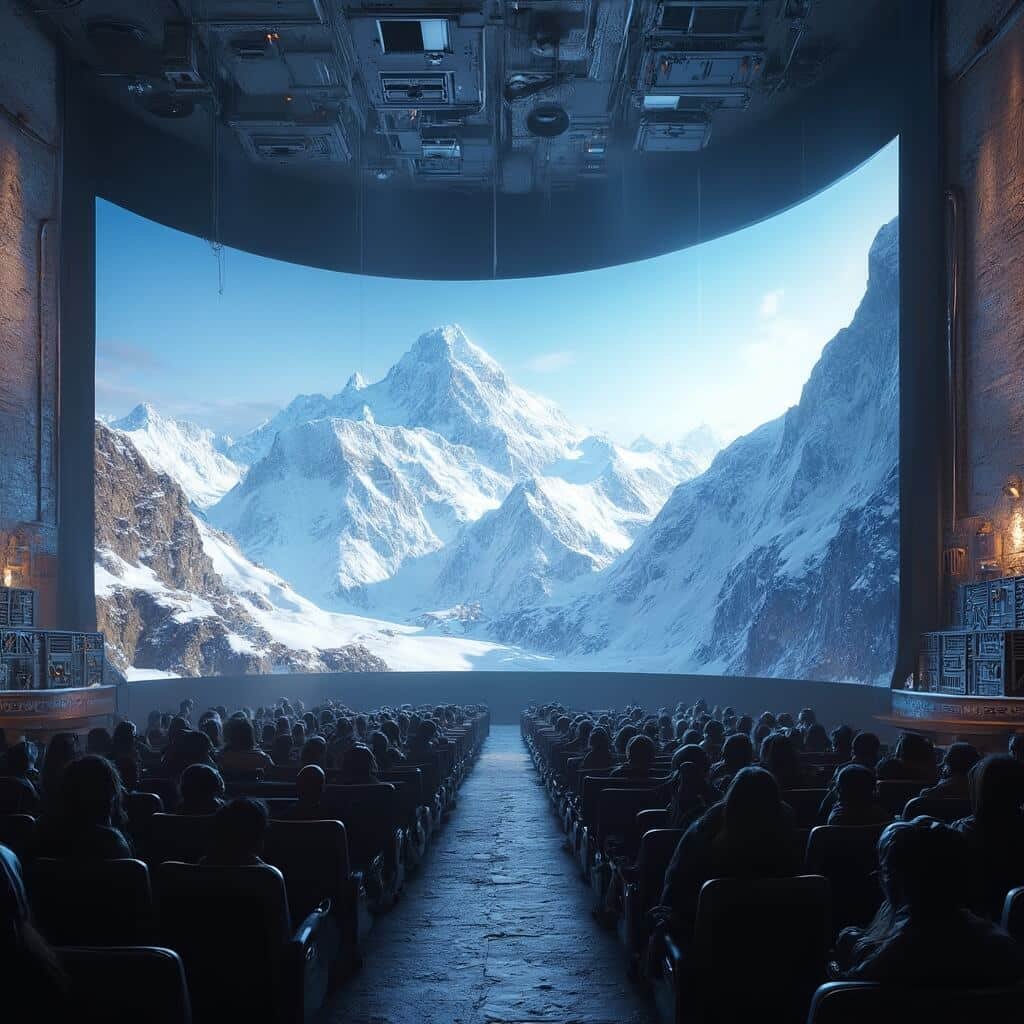 Photorealistic render of an 80-foot IMAX dome screen showcasing Swiss Alps projection, with a suspended seating platform and architectural precision visible in ride mechanism, in a theme park attraction setting.