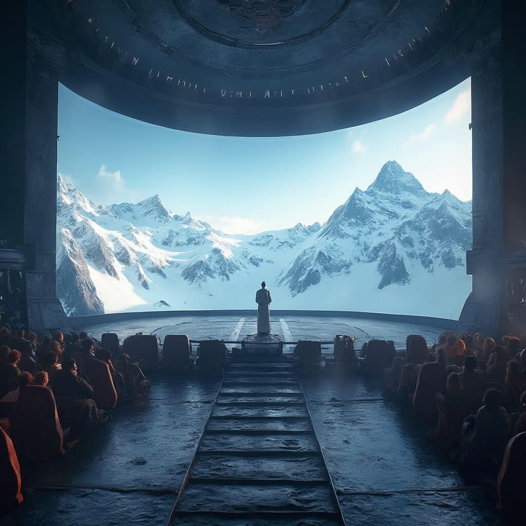 Digital render of an 80-foot IMAX dome screen showing a detailed projection of the Swiss Alps, with a suspended seating platform and high precision engineering visible in the ride mechanism