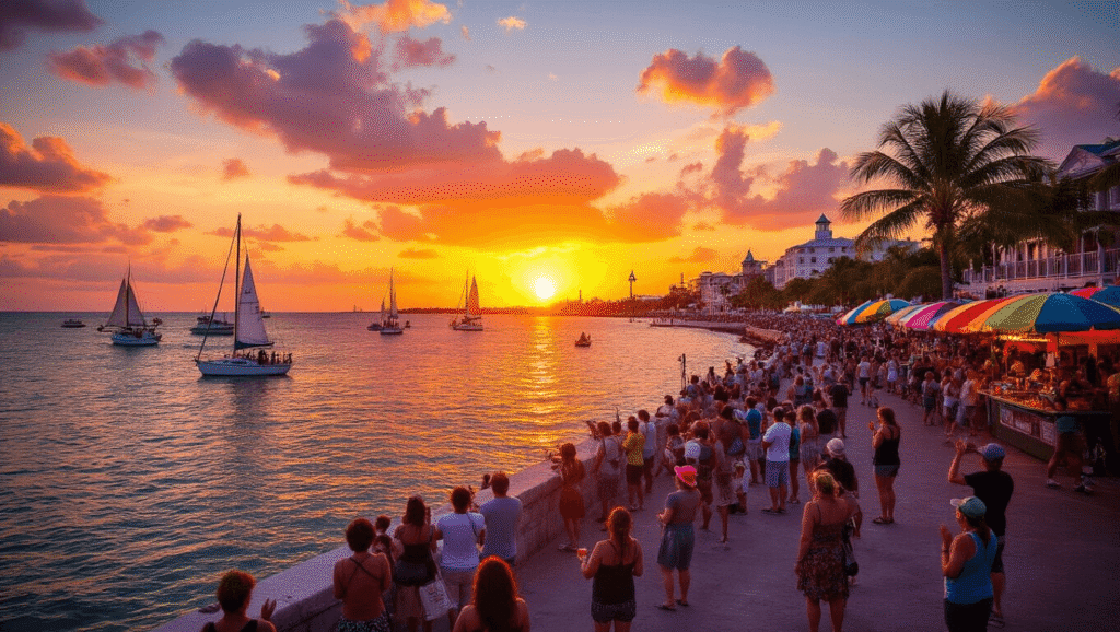 "Crowds enjoying a vibrant sunset at Mallory Square in Key West, with street performers, food vendors, sailboats on the horizon, the Westin Hotel boardwalk, historic buildings, and a festive atmosphere"