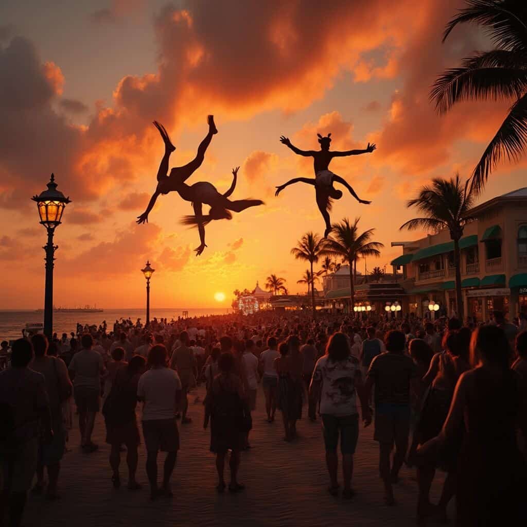 Vibrant street performers and acrobats silhouetted against a golden hour sunset at Key West's Mallory Square, bustling waterfront scene with a multicultural celebratory crowd, street musicians in foreground, under warm tropical evening atmosphere.