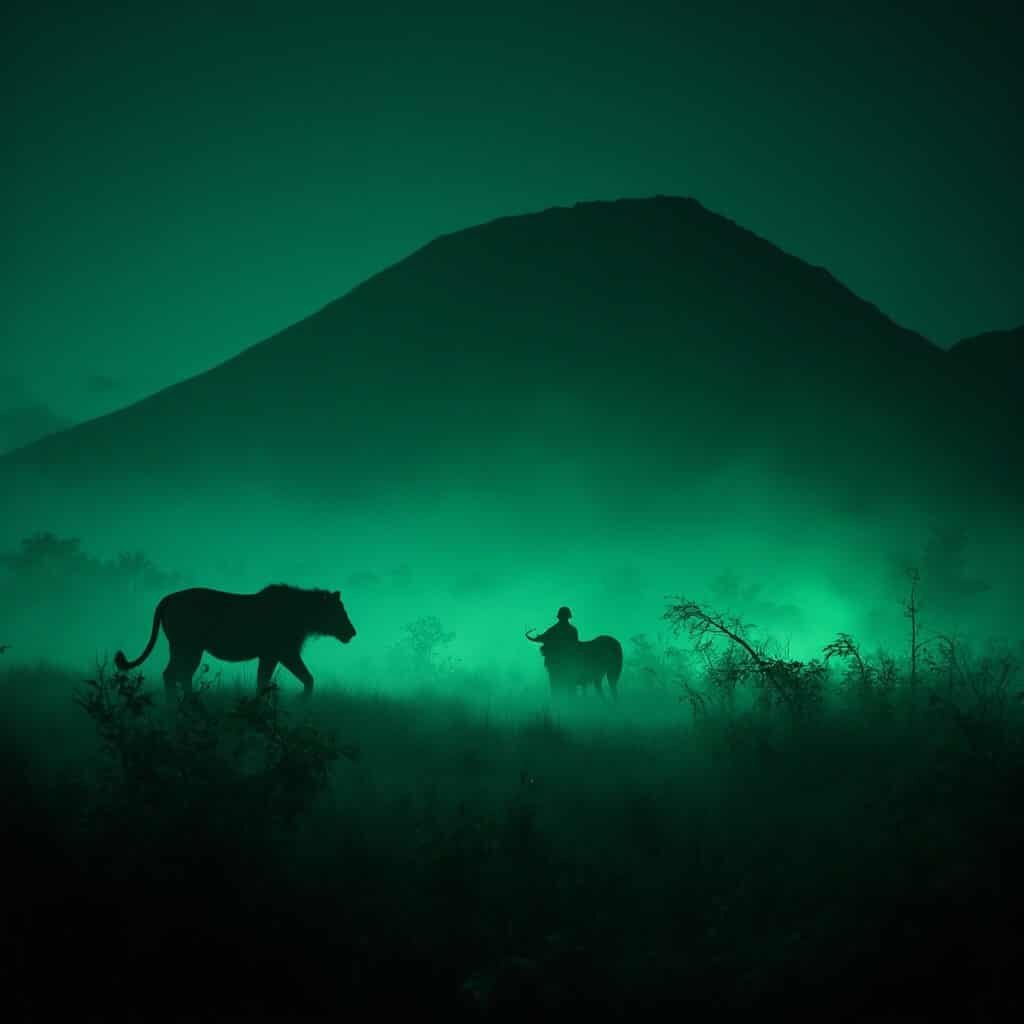 Advanced night vision photography of nocturnal African animals in a Kilimanjaro-inspired landscape, showing silhouettes of lions and hippos amid a deep emerald and phosphorescent green terrain, detail unseen by the naked eye.