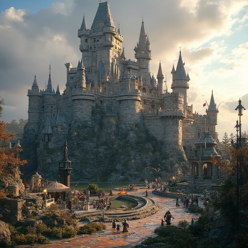 Medieval LEGO castle with costumed performers, children playing, and intricate landscape under dramatic Florida sky