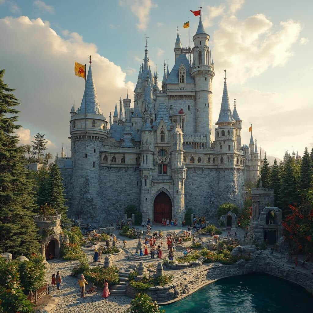 A detailed LEGO Kingdoms medieval castle with costumed performers, children playing, and manicured gardens under a dramatic Florida sky