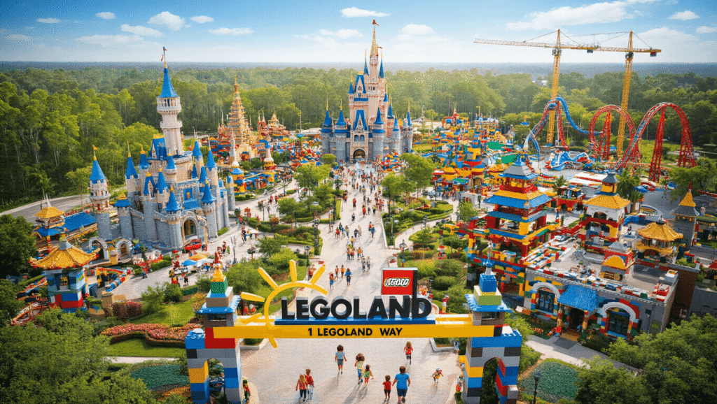 🌟 LEGOLAND Florida: The Ultimate Family Adventure Guide That'll Make Your Kids Go Wild! "Aerial view of LEGOLAND Florida showcasing colorful LEGO brick structures such as Kingdoms castle, NINJAGO World temples, and LEGO City attractions, with families enjoying the park. Historic Winter Haven landscape and ongoing construction of Galacticoaster also visible."
