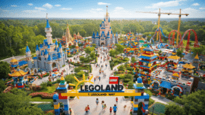 🌟 LEGOLAND Florida: The Ultimate Family Adventure Guide That'll Make Your Kids Go Wild! "Aerial view of LEGOLAND Florida showcasing colorful LEGO brick structures such as Kingdoms castle, NINJAGO World temples, and LEGO City attractions, with families enjoying the park. Historic Winter Haven landscape and ongoing construction of Galacticoaster also visible."