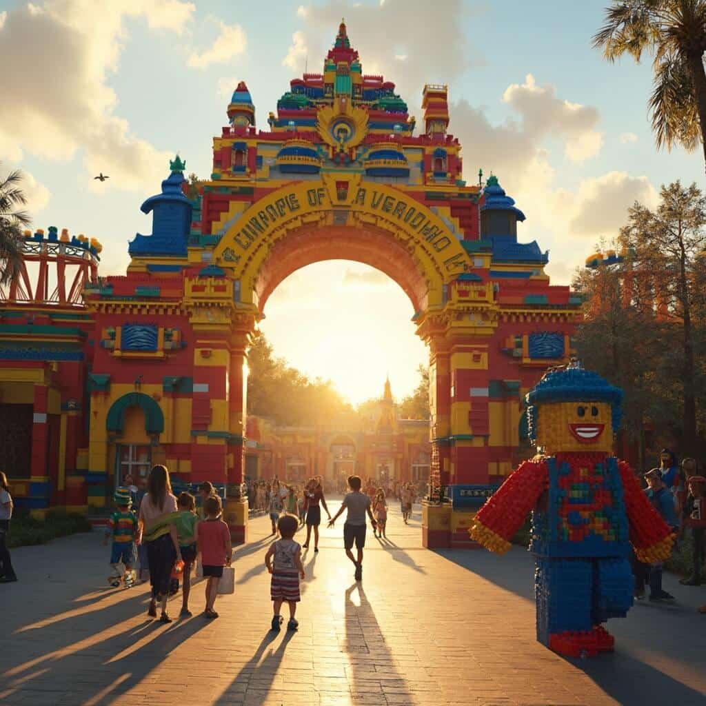 LEGOLAND Florida entrance at golden hour with detailed LEGO brick archway, massive LEGO sculptures, excited families, and vibrant primary colors, depicting architectural precision and immersive entry experience.