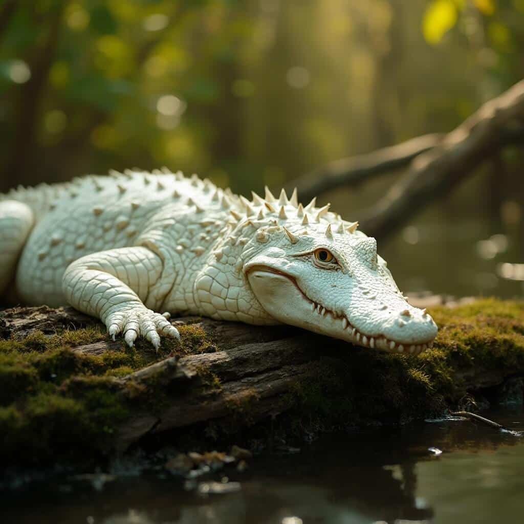 Leucistic white alligator basking on a mossy log in Florida swamp, highlighted by soft afternoon golden light and detailed with sharp focus on intricate scales and albino coloration