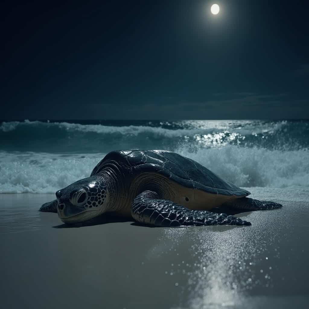 High-resolution image of a massive loggerhead sea turtle emerging from the ocean at night, its body and shell glistening in the moonlight, against a backdrop of waves breaking on a sandy beach