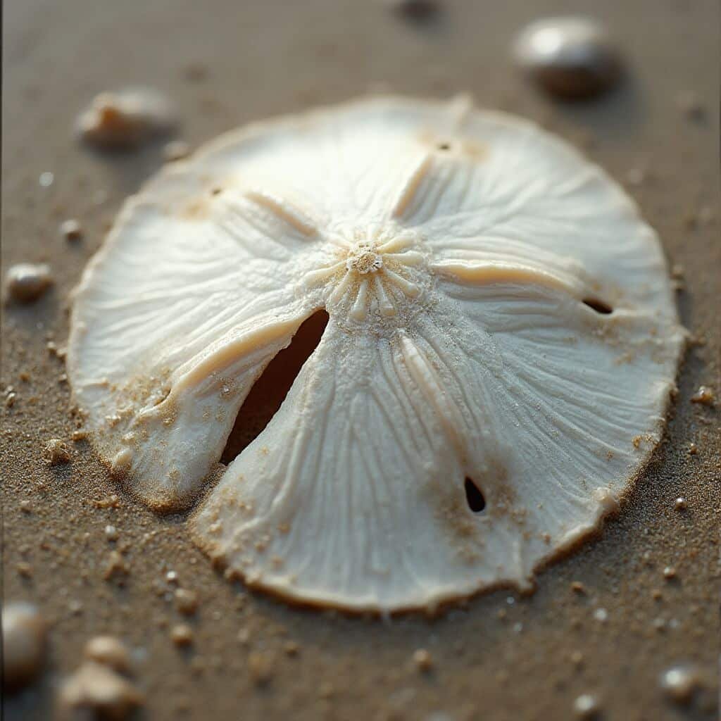 Close-up macro image of a sand dollar on wet sand, showcasing its delicate radial patterns and skeletal structure in neutral beige and white tones.