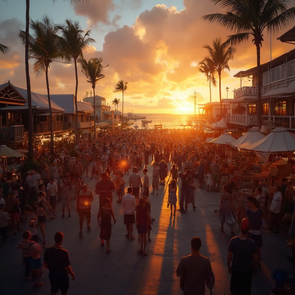 Panoramic view of Mallory Square, Key West at sunset displaying diverse street performers, craft stalls, crowd, waterfront architecture, human interactions with tropical evening tones.