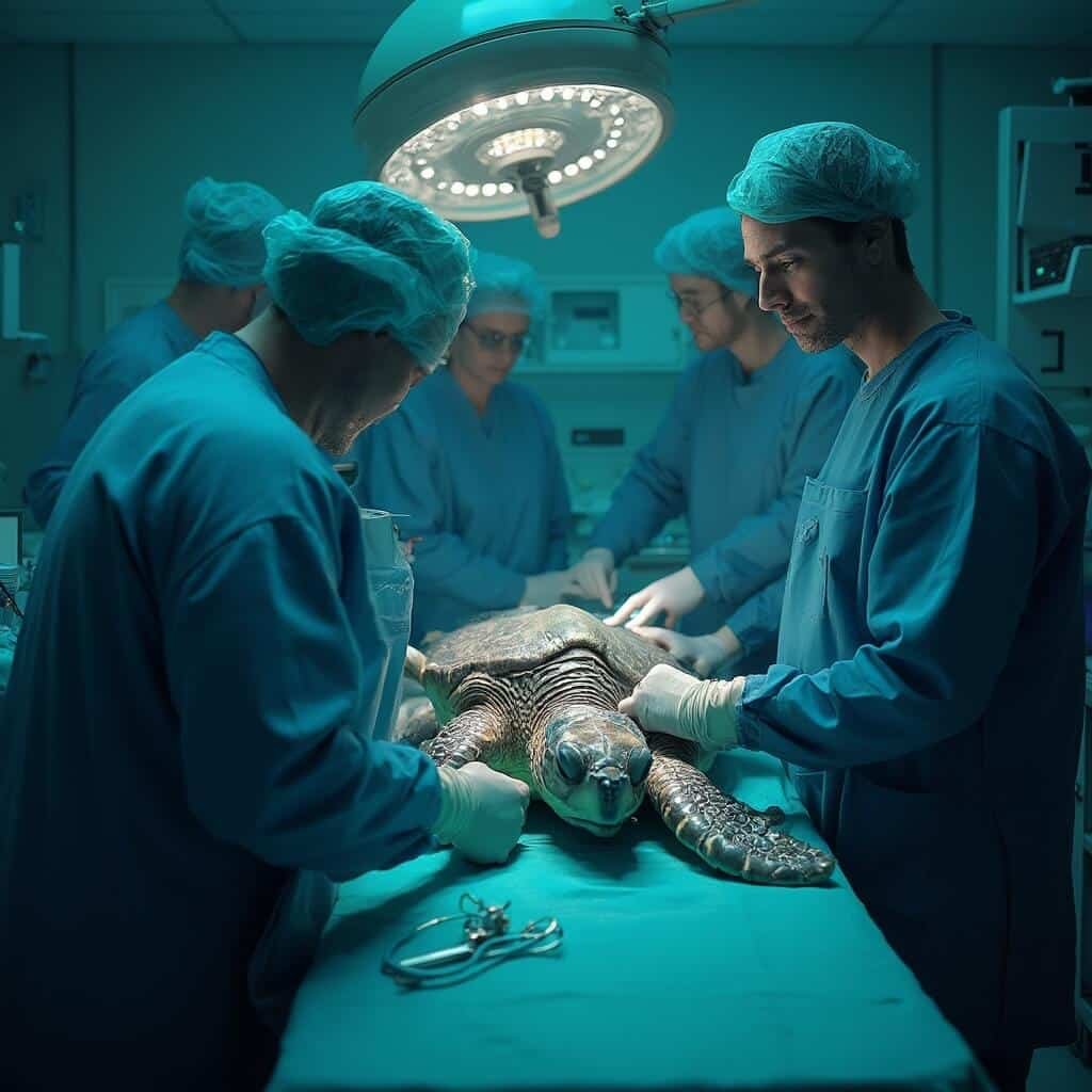 Marine veterinary team in conservation uniforms performing medical procedures on an injured sea turtle at a well-equipped clinic, under blue-green lighting in a high-resolution photo