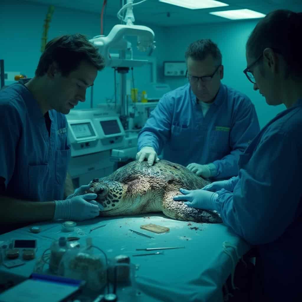 Marine veterinary team performing a careful medical procedure on an injured sea turtle under soft blue-green lighting, surrounded by sophisticated medical equipment and surgical instruments, wearing marine conservation uniforms and displaying focused intensity