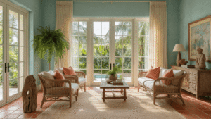 Florida Home Aesthetic: Your Complete Guide to Coastal Living Done Right A sophisticated Mediterranean-style living room in Florida with seafoam blue stucco walls, warm terracotta tile flooring, and floor-to-ceiling sliding glass doors revealing a lush tropical garden. The room features weathered teak furniture, cream linen cushions, and decorative elements like a vintage driftwood sculpture and a Boston fern. Natural light filters through sheer curtains, casting inviting shadows and highlighting coral accents and sandy neutral throw pillows.