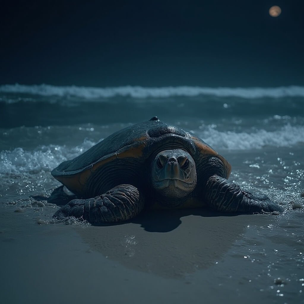 High resolution image of a massive loggerhead sea turtle emerging from the dark ocean at night, its wet shell glistening under moonlight on a sandy beach, in detailed focus and natural colors of blues, silvers and beiges.