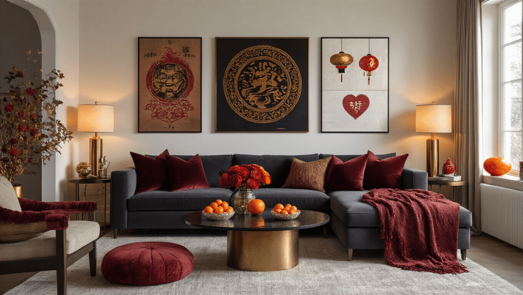 February 2026 Home Decor: Transform Your Space for Culture, Romance, and Winter Celebrations A cozy, multi-layered living room decorated for February 2026 celebrations, featuring warm amber lighting, rich burgundy pillows, and textured throw blankets, with a gallery wall of Black History Month artwork, accents for Lunar New Year, and Valentine's touches, all set against an exposed brick wall and plush area rug.