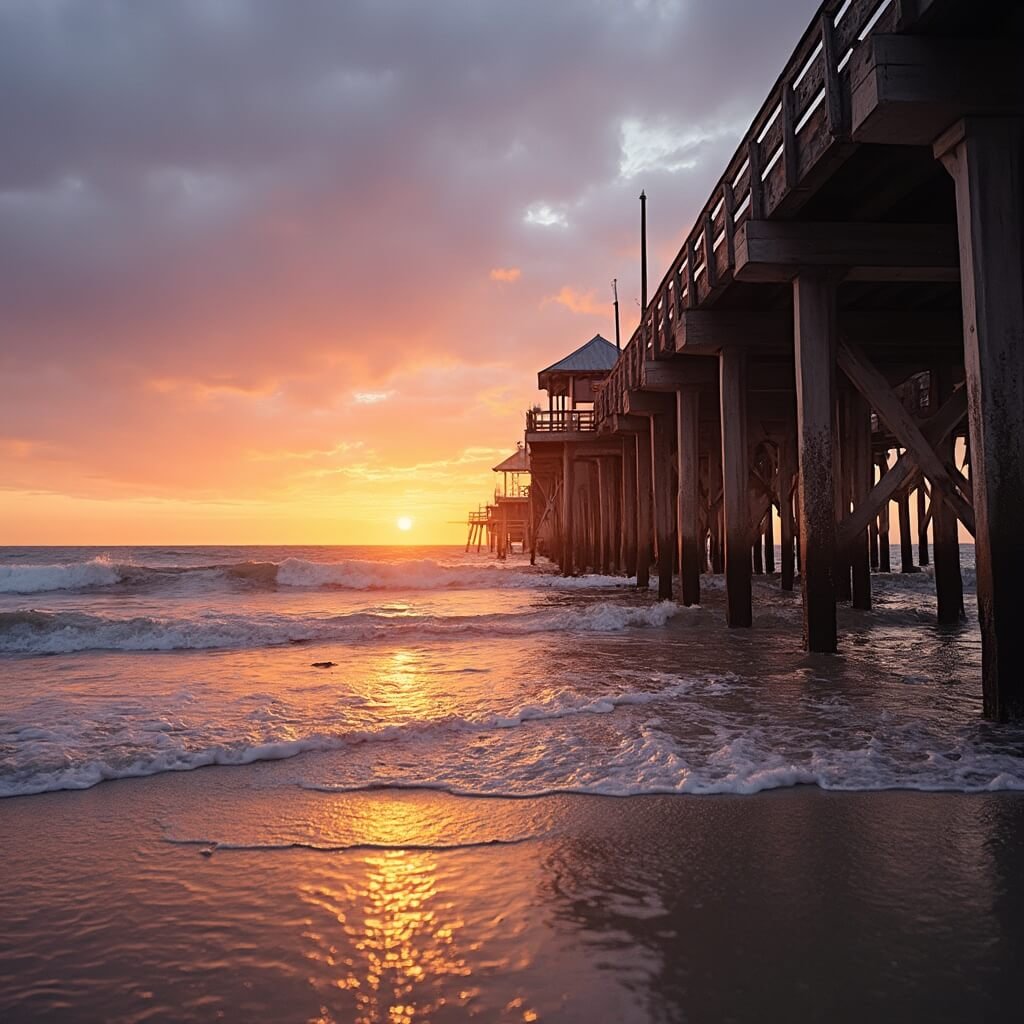 Panoramic view of Naples Pier at sunset with silhouetted structures against an orange and lavender sky, transitioning into liquid gold on the Gulf of Mexico surface