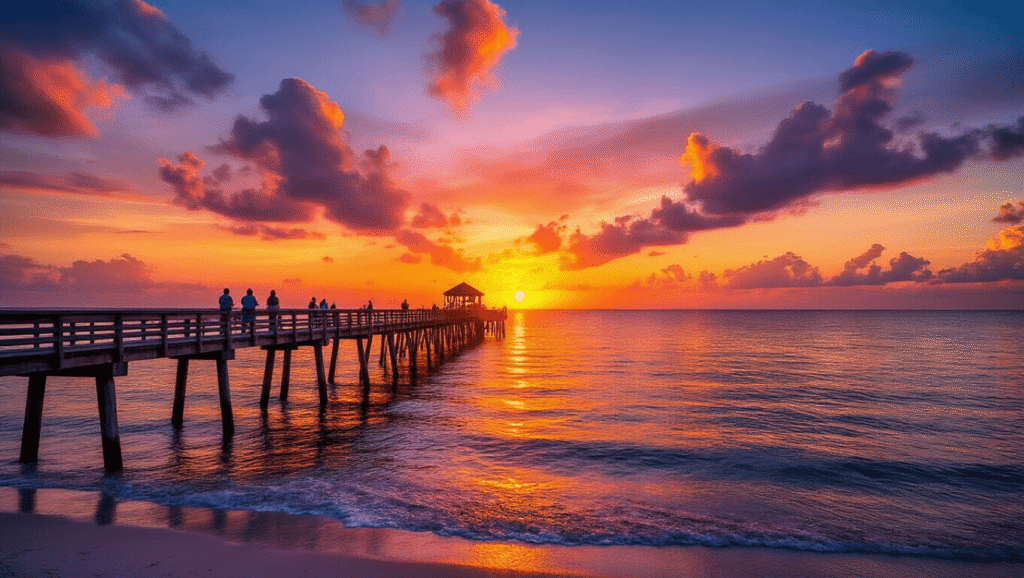 "Breathtaking sunset at Naples Pier, Florida with vibrant sky reflecting on calm Gulf of Mexico waters, silhouettes of people admiring the view, and clear horizon during golden hour"