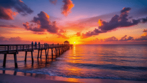 "Breathtaking sunset at Naples Pier, Florida with vibrant sky reflecting on calm Gulf of Mexico waters, silhouettes of people admiring the view, and clear horizon during golden hour"