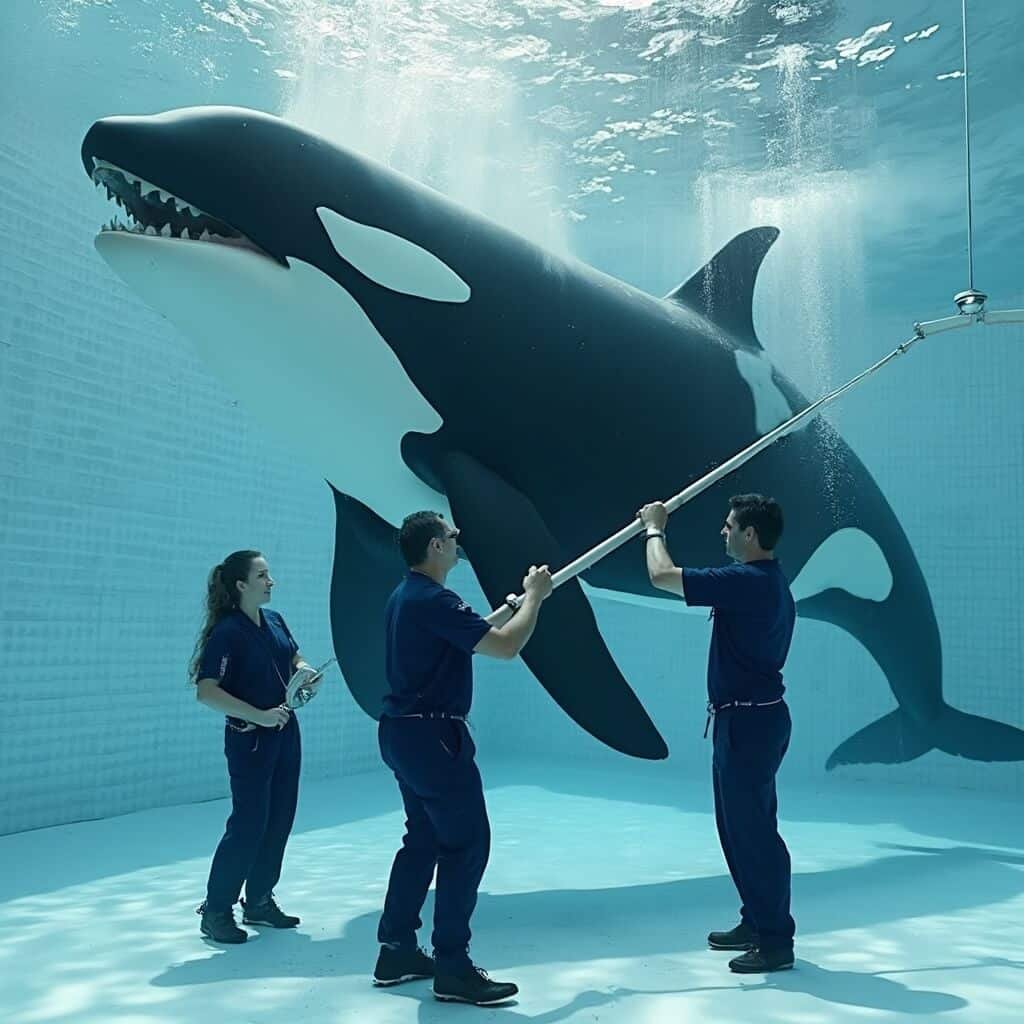 Ultra-realistic image of massive killer whale in a pristine medical training pool as trainers in navy uniforms interact with it, showcasing the whale's intricate behavior and muscle definition under soft diffused lighting, against a background of white tiles in a marine research environment, shot in detailed 8K.