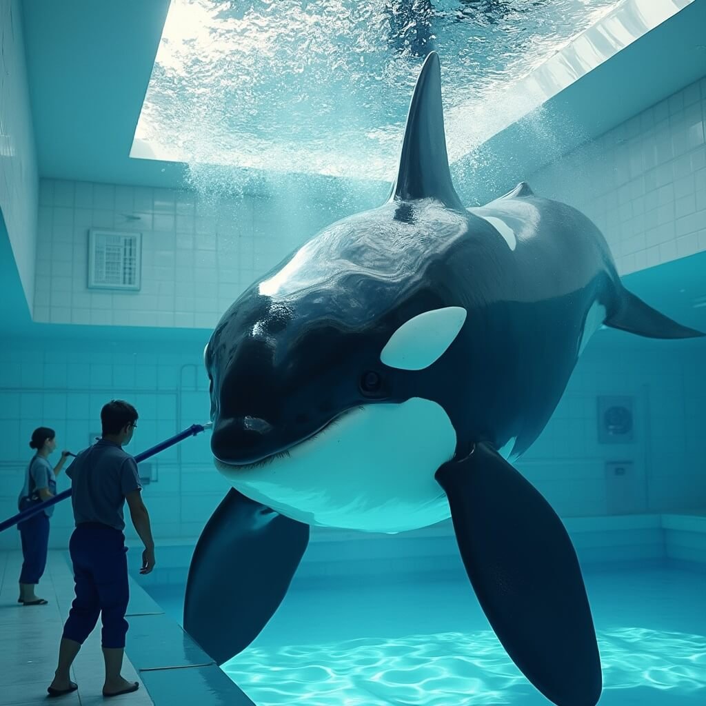 Ultra-realistic 8K image of a massive killer whale being trained in a pristine medical pool, captured with soft lighting that highlights its muscle definition, featuring trainers in navy blue uniforms and emphasizing the scientific and research atmosphere
