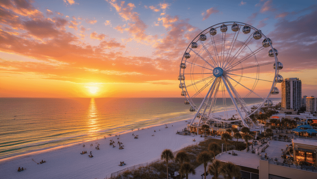 Ride the SkyWheel: Your Ultimate Panama City Beach Sky-High Adventure Guide "Panama City Beach's SkyWheel observation wheel at sunset with glass gondolas against an orange and pink sky, overlooking Pier Park shopping center and the turquoise Gulf of Mexico"