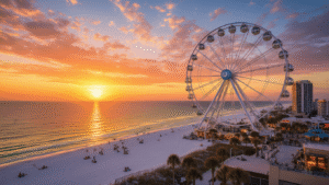 "Panama City Beach's SkyWheel observation wheel at sunset with glass gondolas against an orange and pink sky, overlooking Pier Park shopping center and the turquoise Gulf of Mexico"