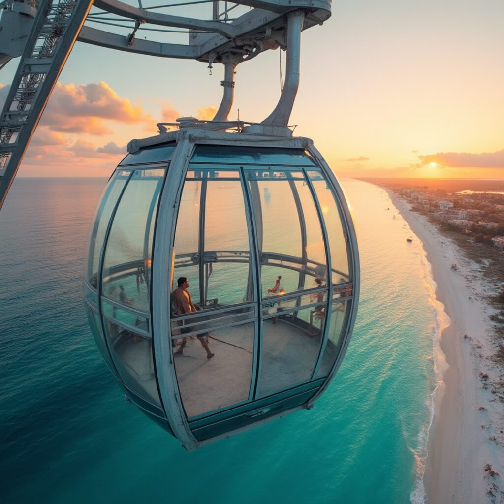 SkyWheel gondola suspended 200 feet above Panama City Beach, showcasing glass panels, steel structure, panoramic coastline view and turquoise Gulf waters during golden hour