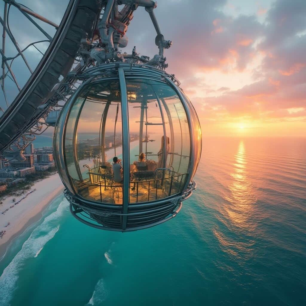 Glass-enclosed SkyWheel gondola 200 feet above Panama City Beach during golden hour, showcasing architectural precision and turquoise Gulf waters