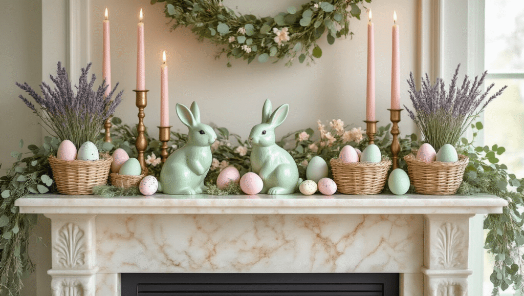Easter Mantel Decor: The Complete Guide to Creating a Showstopping Display Ultra-detailed pastel Easter mantel with candles, ceramic bunnies, decorative eggs, and faux floral garland on a creamy marble fireplace, illuminated by soft golden morning light.
