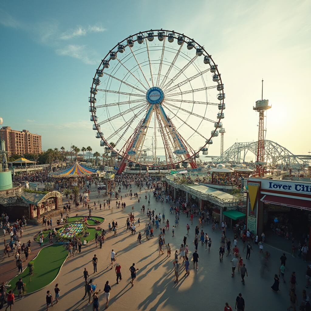 Documentary-style photograph of Pier Park's SkyWheel and entertainment complex, emphasizing architectural details, tourist activities, and afternoon sunlight.