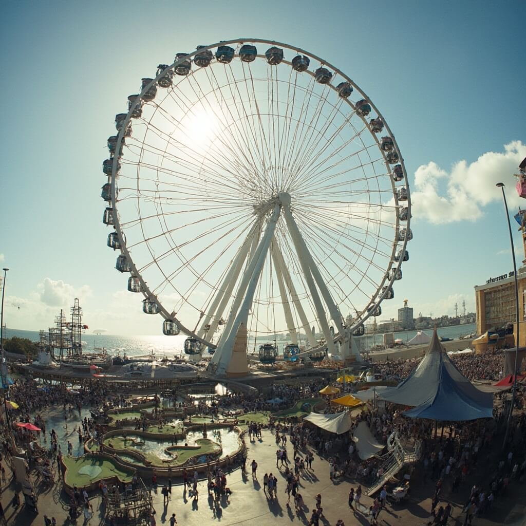 Cinematic view of Pier Park's SkyWheel and entertainment complex with mini-golf course, ropes course, and tourists in motion, bathed in soft afternoon sunlight with intricate architectural details in sharp focus.