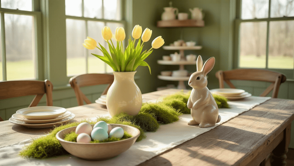 Easter Home Decor Ideas That'll Make Your Neighbors Jealous (Without Breaking the Bank) A rustic farmhouse dining room featuring a wooden table with a linen runner, a vintage dough bowl filled with pastel eggs and moss, a ceramic bunny, and tulips in a cream vase, all bathed in warm morning light.
