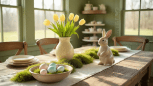 Easter Home Decor Ideas That'll Make Your Neighbors Jealous (Without Breaking the Bank) A rustic farmhouse dining room featuring a wooden table with a linen runner, a vintage dough bowl filled with pastel eggs and moss, a ceramic bunny, and tulips in a cream vase, all bathed in warm morning light.