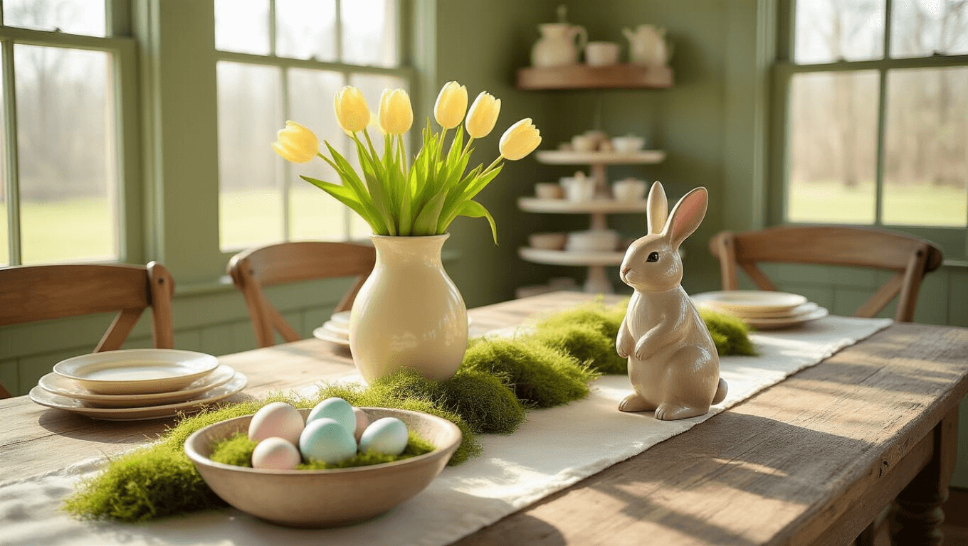 A rustic farmhouse dining room featuring a wooden table with a linen runner, a vintage dough bowl filled with pastel eggs and moss, a ceramic bunny, and tulips in a cream vase, all bathed in warm morning light.