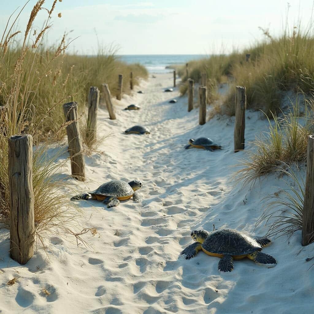 Sea turtle conservation area in Daytona Beach, marked by wooden boundaries and surrounded by native coastal vegetation, with early morning light shining through sea oats and dune grasses.