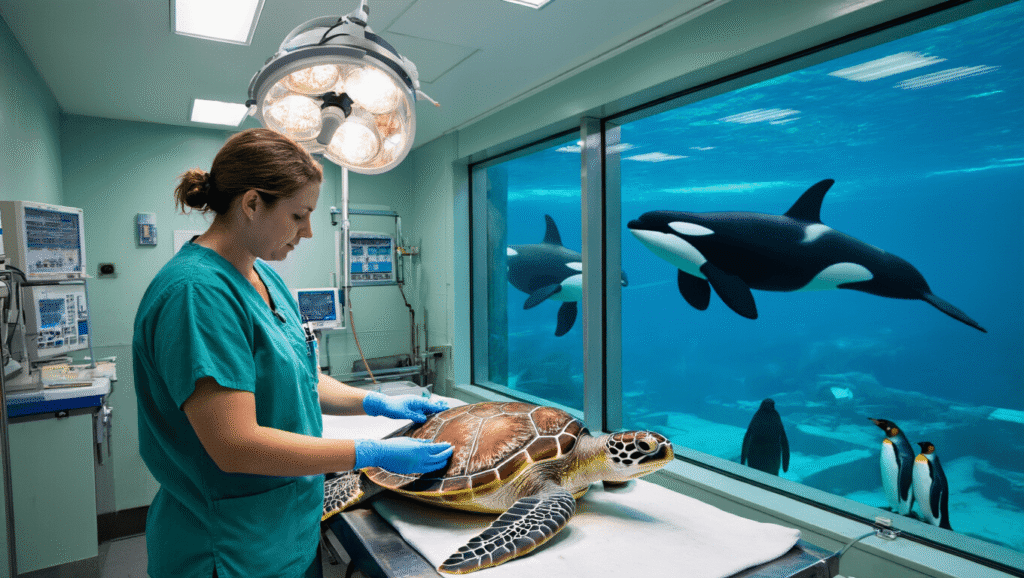 "Marine biologist examining a rescued sea turtle in SeaWorld's veterinary facility, with medical equipment, swimming orcas and penguin habitat in the background, illuminated by professional lighting."