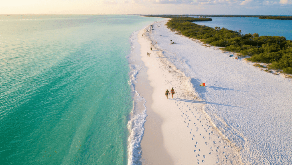 Walk the Sugar-White Sand of Siesta Key: A Beach Lover's Paradise Revealed "Aerial shot of Siesta Key Beach with pristine white quartz sand, clear turquoise water, beachgoers, and distant mangrove islands, with golden hour lighting highlighting the sand's unique sparkle."