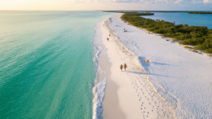 Walk the Sugar-White Sand of Siesta Key: A Beach Lover's Paradise Revealed "Aerial shot of Siesta Key Beach with pristine white quartz sand, clear turquoise water, beachgoers, and distant mangrove islands, with golden hour lighting highlighting the sand's unique sparkle."