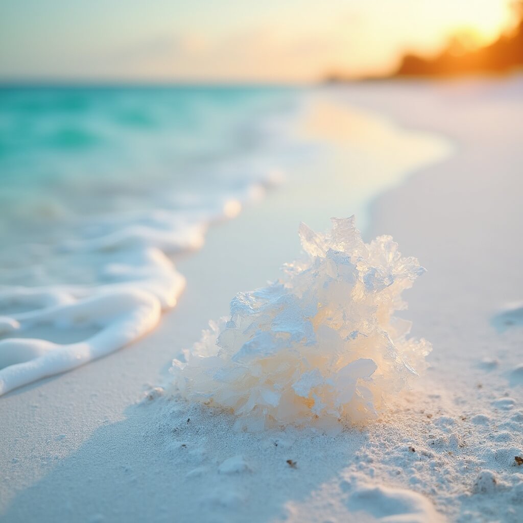 Ultra-realistic photo of Siesta Key beach at sunset with detailed view of sugar-white quartz sand, turquoise water, and soft warm light