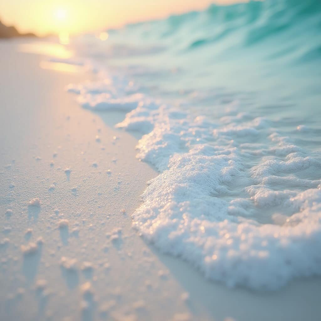 Ultra-realistic capture of Siesta Key beach at golden hour sunset, emphasizing the intricate texture of sugar-white quartz sand crystals and turquoise waters meeting the pure white shoreline