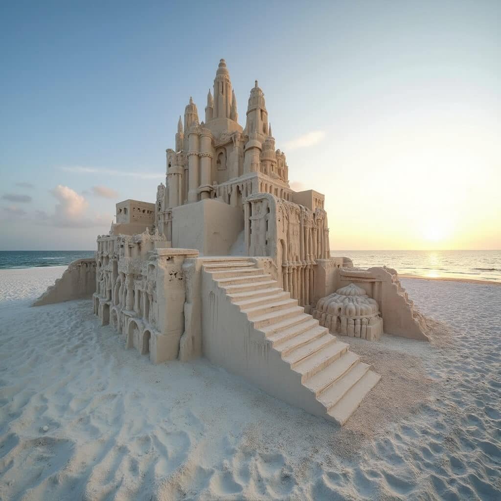 Sculpture made of quartz crystal sand grains at Siesta Key shoreline during Crystal Classic festival, captured in evening light casting long shadows across the structure.