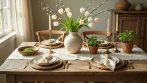 Cinematic overhead view of an elegant spring dining table with a rustic wood surface, adorned with a cream linen runner, pale blush tulips, wicker chargers, brass candlesticks, and terra cotta herb pots, all bathed in warm morning sunlight.