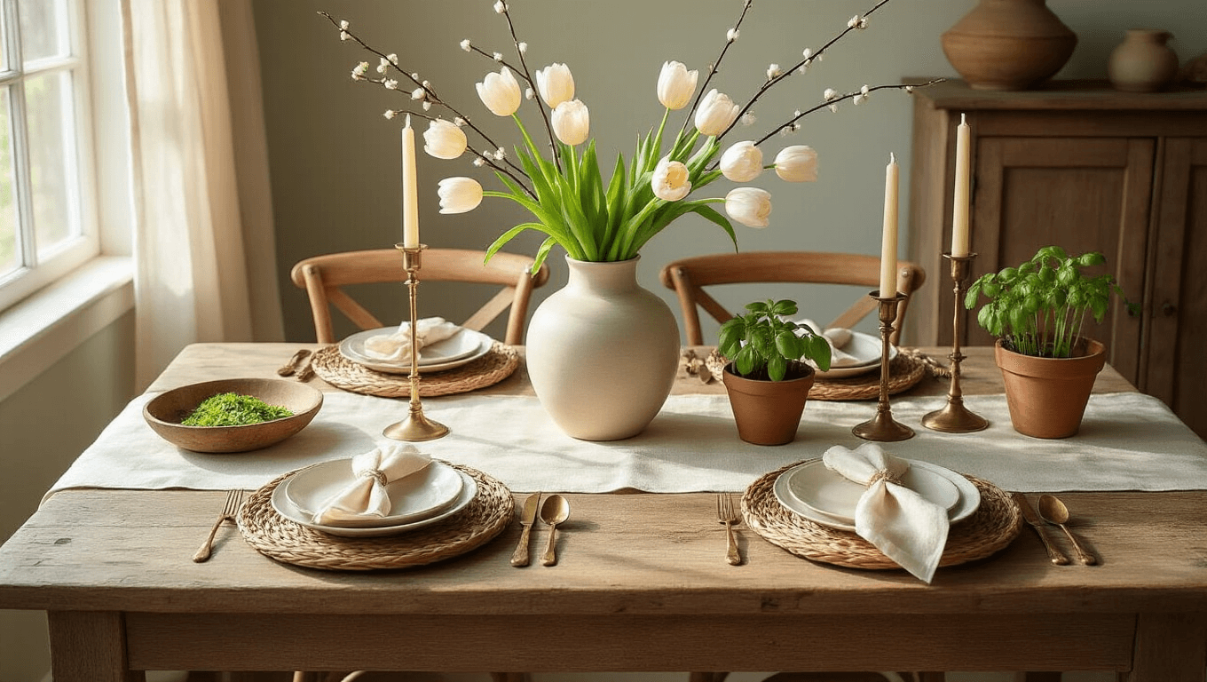 Cinematic overhead view of an elegant spring dining table with a rustic wood surface, adorned with a cream linen runner, pale blush tulips, wicker chargers, brass candlesticks, and terra cotta herb pots, all bathed in warm morning sunlight.